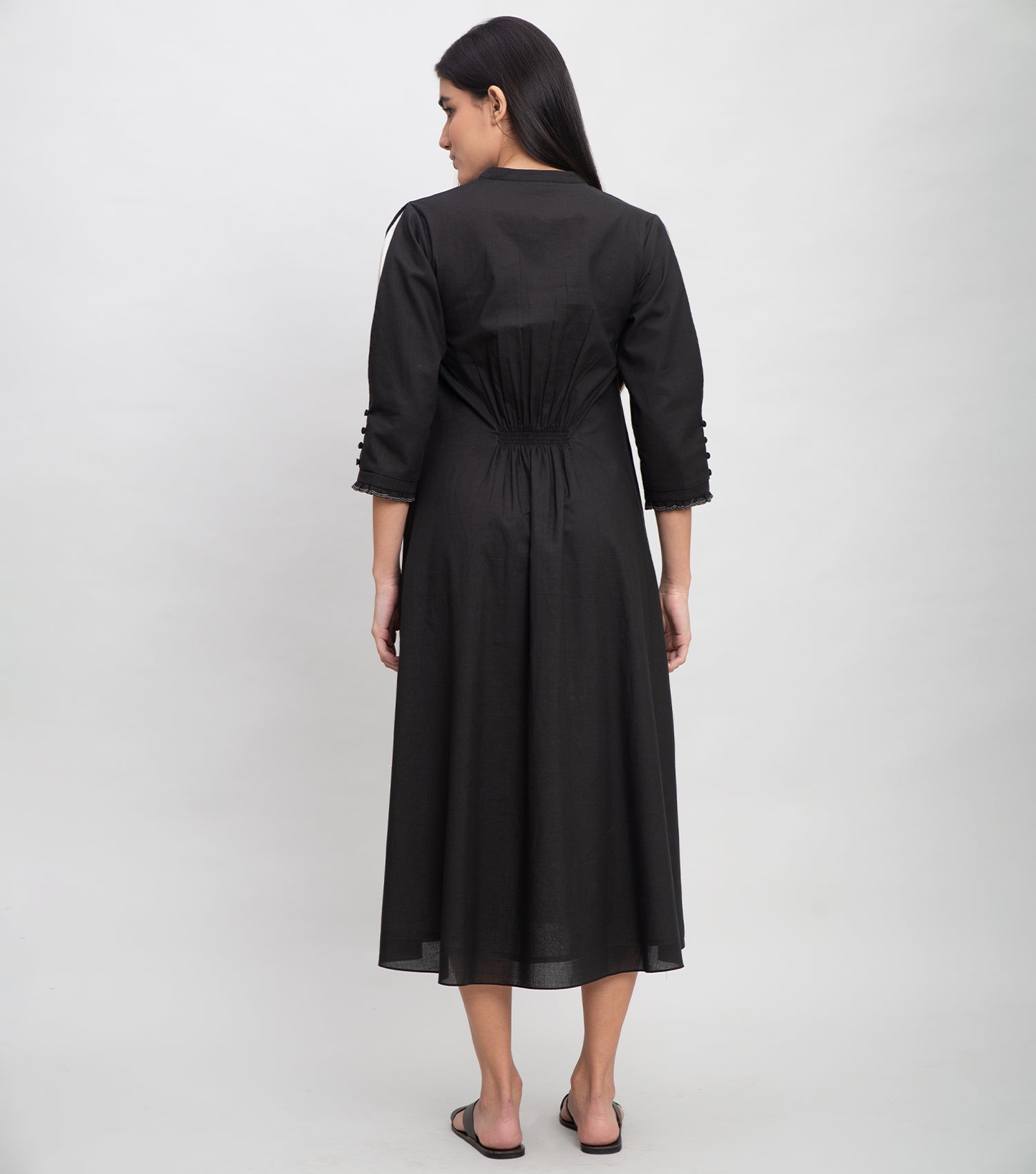 Black Cotton Midi Dress With Thread Cut Work Yoke – Canvas