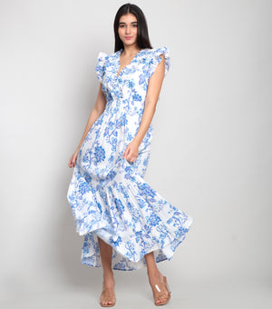 Sky Blue Cotton Printed Maxi Tier Dress with Ruffle Sleeves