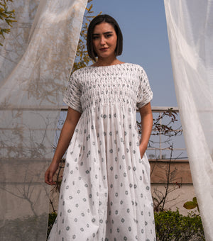 Smocked Yoke Woven Cotton Midi Dress