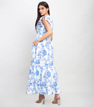 Sky Blue Cotton Printed Maxi Tier Dress with Ruffle Sleeves