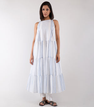 WHITE & BLUE STRIPED COTTON TIERED KURTA
