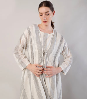 Ivory & Black Striped Woven Cotton Overlay and Dress
