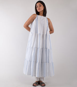 WHITE & BLUE STRIPED COTTON TIERED KURTA