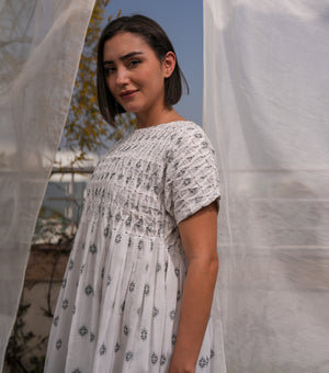 Smocked Yoke Woven Cotton Midi Dress