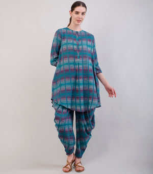 Teal Blue Printed Cotton Tunic & Dhoti Pants Set