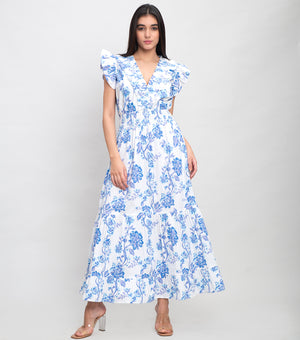 Sky Blue Cotton Printed Maxi Tier Dress with Ruffle Sleeves