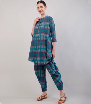 Teal Blue Printed Cotton Tunic & Dhoti Pants Set
