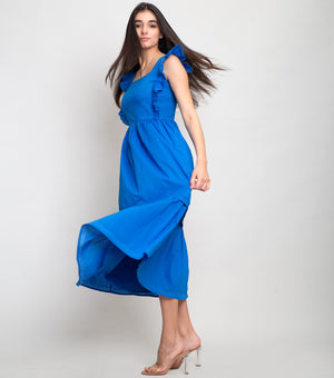 Royal Blue Cotton Midi Dress with Smocking & Stitch Line