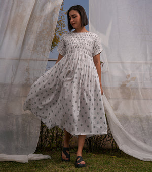 Smocked Yoke Woven Cotton Midi Dress