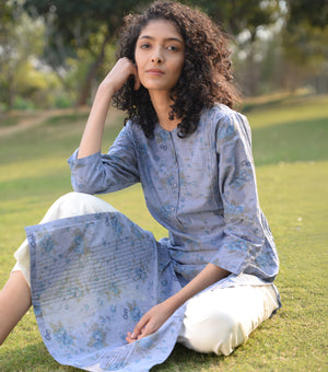 Blue Printed Cotton Kurta