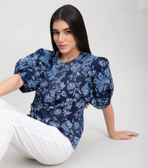 Navy Cotton Printed Top with Balloon Sleeve & Stitch line on Neck