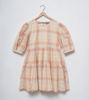 Beige Checked Cotton Dress For Girls
