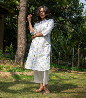 Ivory Floral Printed Cotton Kurta