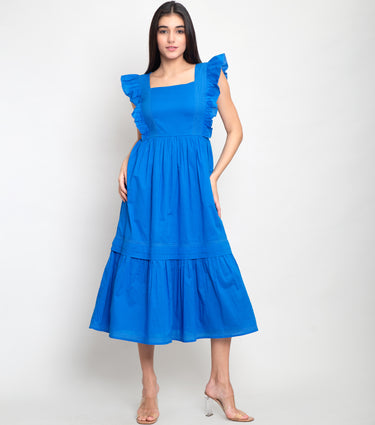 Royal Blue Cotton Midi Dress with Smocking & Stitch Line