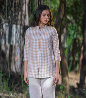 Beige & Natural Woven Cotton Checkered Shirt