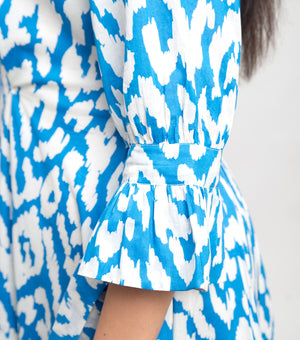 Sky Blue Cotton Printed Midi Shirt Dress with Frill Sleeves