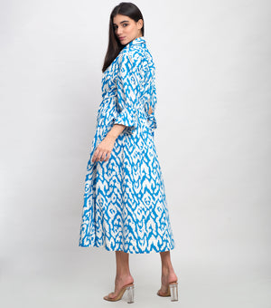 Sky Blue Cotton Printed Midi Shirt Dress with Frill Sleeves