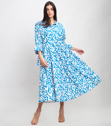 Sky Blue Cotton Printed Midi Shirt Dress with Frill Sleeves