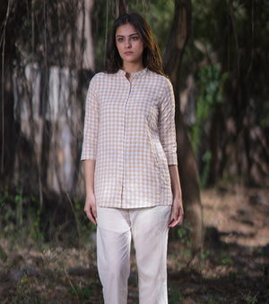 Beige & Natural Woven Cotton Checkered Shirt