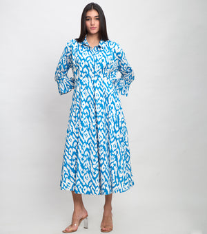 Sky Blue Cotton Printed Midi Shirt Dress with Frill Sleeves