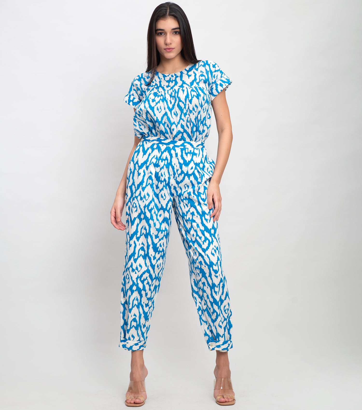 Sky Blue Cotton Elasticated Printed Pant with Adjustable Band At The Bottom