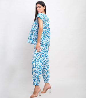 Sky Blue Cotton Elasticated Printed Pant with Adjustable Band At The Bottom