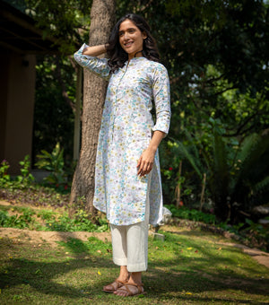 Ivory Floral Printed Cotton Kurta