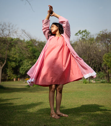 Pink Striped Woven Cotton Overlay & Dress