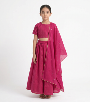 Magenta Lehenga Set with Embroidered Dupatta for Girls