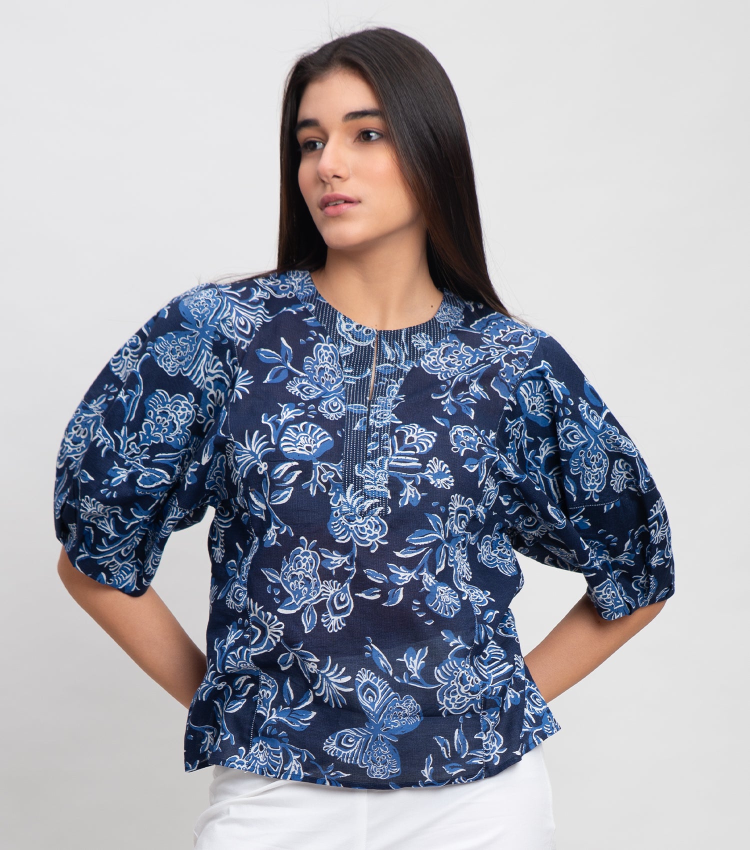 Navy Cotton Printed Top with Balloon Sleeve & Stitch line on Neck