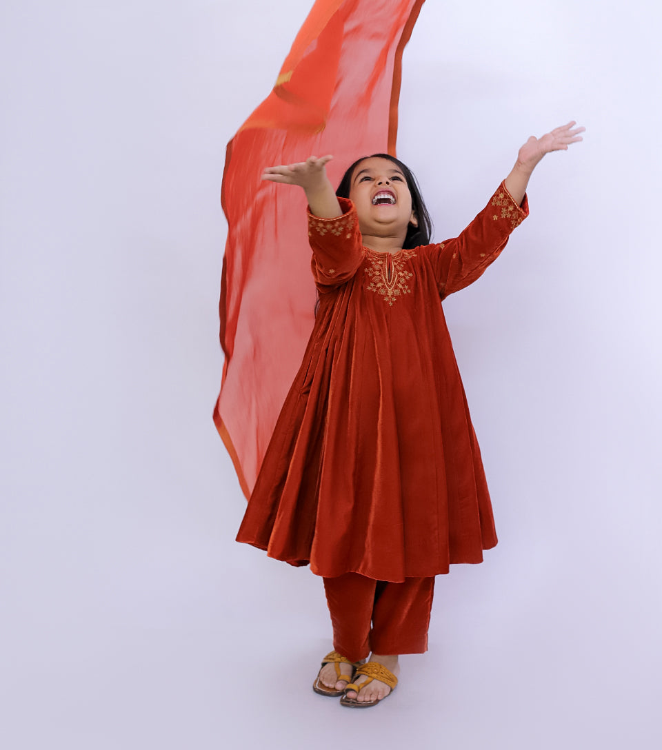 Rusty Orange Embroidered Velvet A-line Kurta Set with Pants & Dupatta for Girls