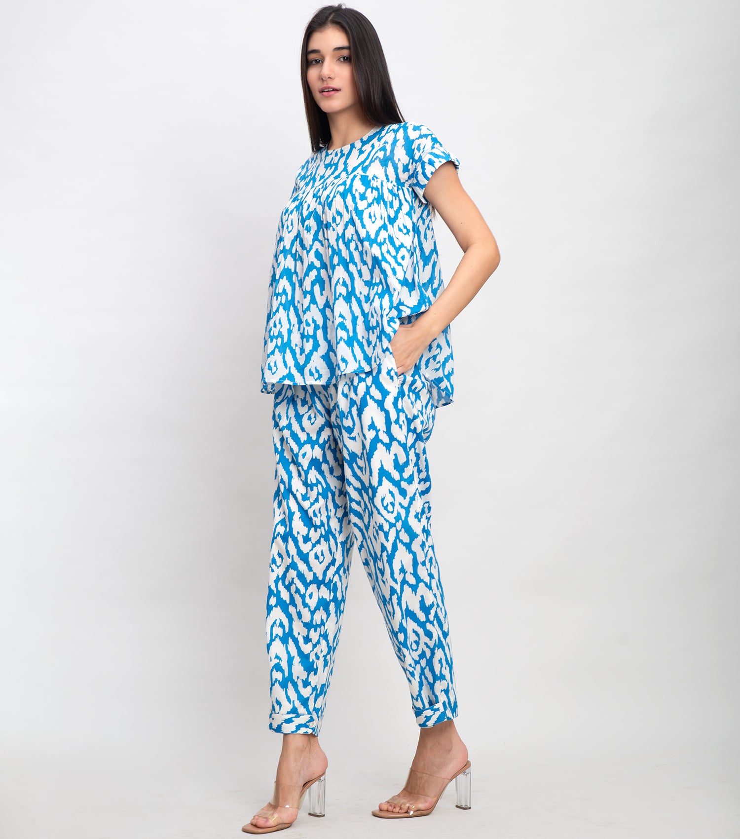 Sky Blue Cotton Elasticated Printed Pant with Adjustable Band At The Bottom