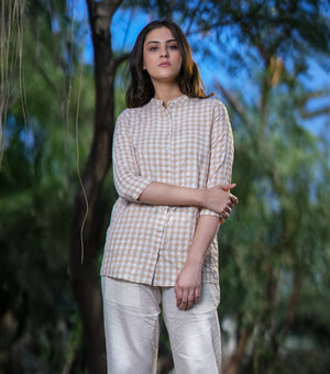 Beige & Natural Woven Cotton Checkered Shirt
