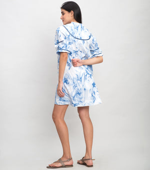 Sky Blue Cotton Printed Mini Dress with Lace Detail