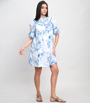 Sky Blue Cotton Printed Mini Dress with Lace Detail