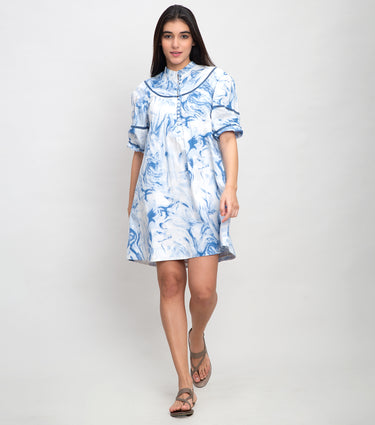 Sky Blue Cotton Printed Mini Dress with Lace Detail