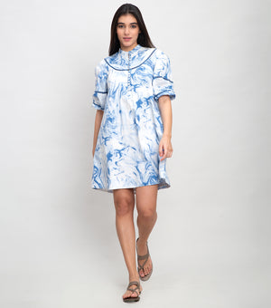 Sky Blue Cotton Printed Mini Dress with Lace Detail