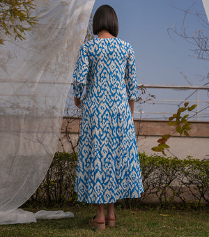 Blue Printed Cotton Pintucked Midi Dress