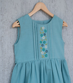 Blue Blossom Elegance Linen Dress For Girls