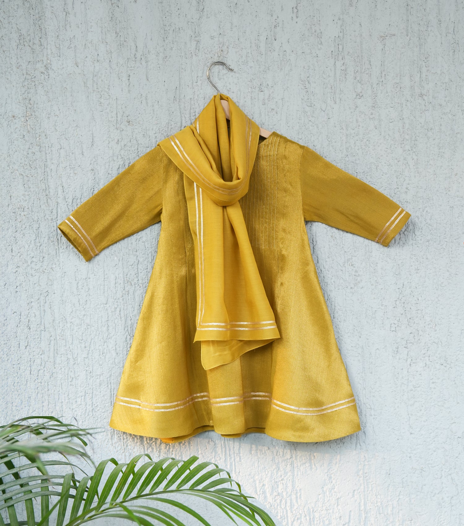 Mustard Pleated Tissue A-line Gota Kurta Set with Pants & Dupatta for Girls