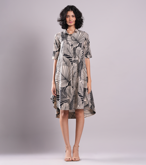 Beige & Black Printed Cotton Shirt Dress
