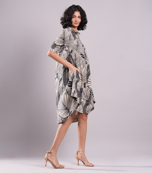 Beige & Black Printed Cotton Shirt Dress
