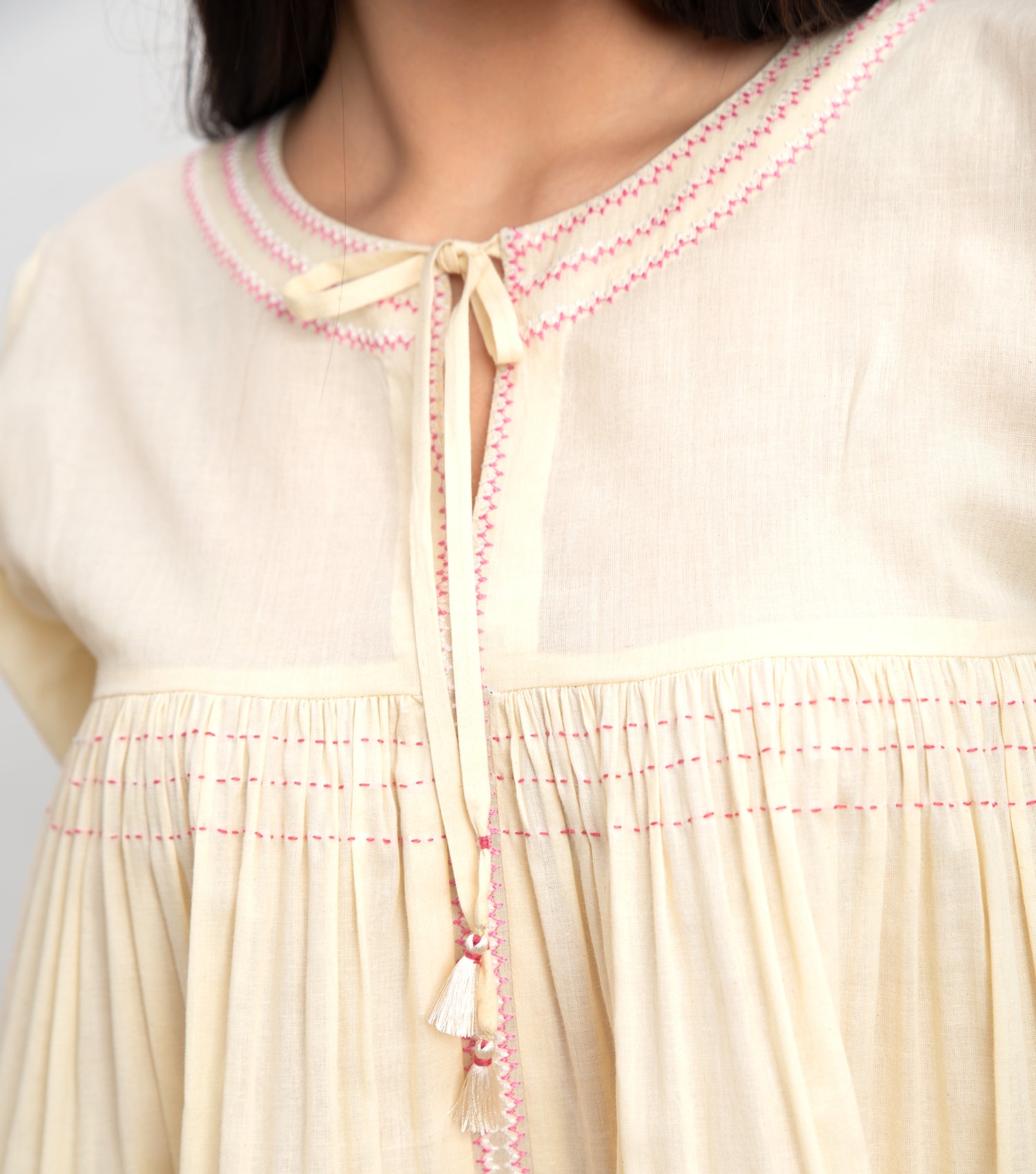 Ecru Gather Top with Thread Embroidery & Tassel