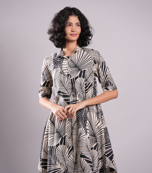 Beige & Black Printed Cotton Shirt Dress