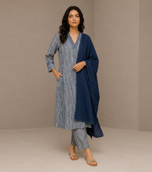 Blue Woven Cotton Kurta with Dupatta