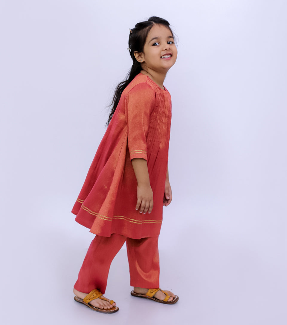 Coral Pleated Tissue A-line Gota Kurta Set with Pants & Dupatta for Girls