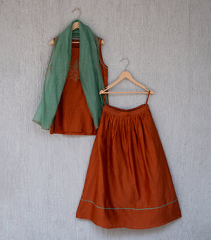 Rust Chanderi Embroidered kurta & Lehenga Set