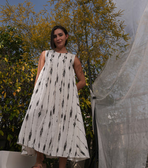 White Printed Cotton Sleeveless Midi Dress