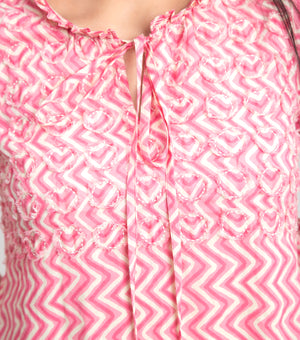 Pink Cotton Printed Midi Dress with Fray Patch & Embroidery On Yoke