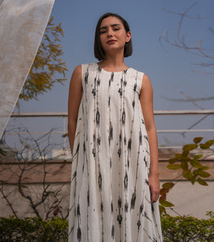 White Printed Cotton Sleeveless Midi Dress